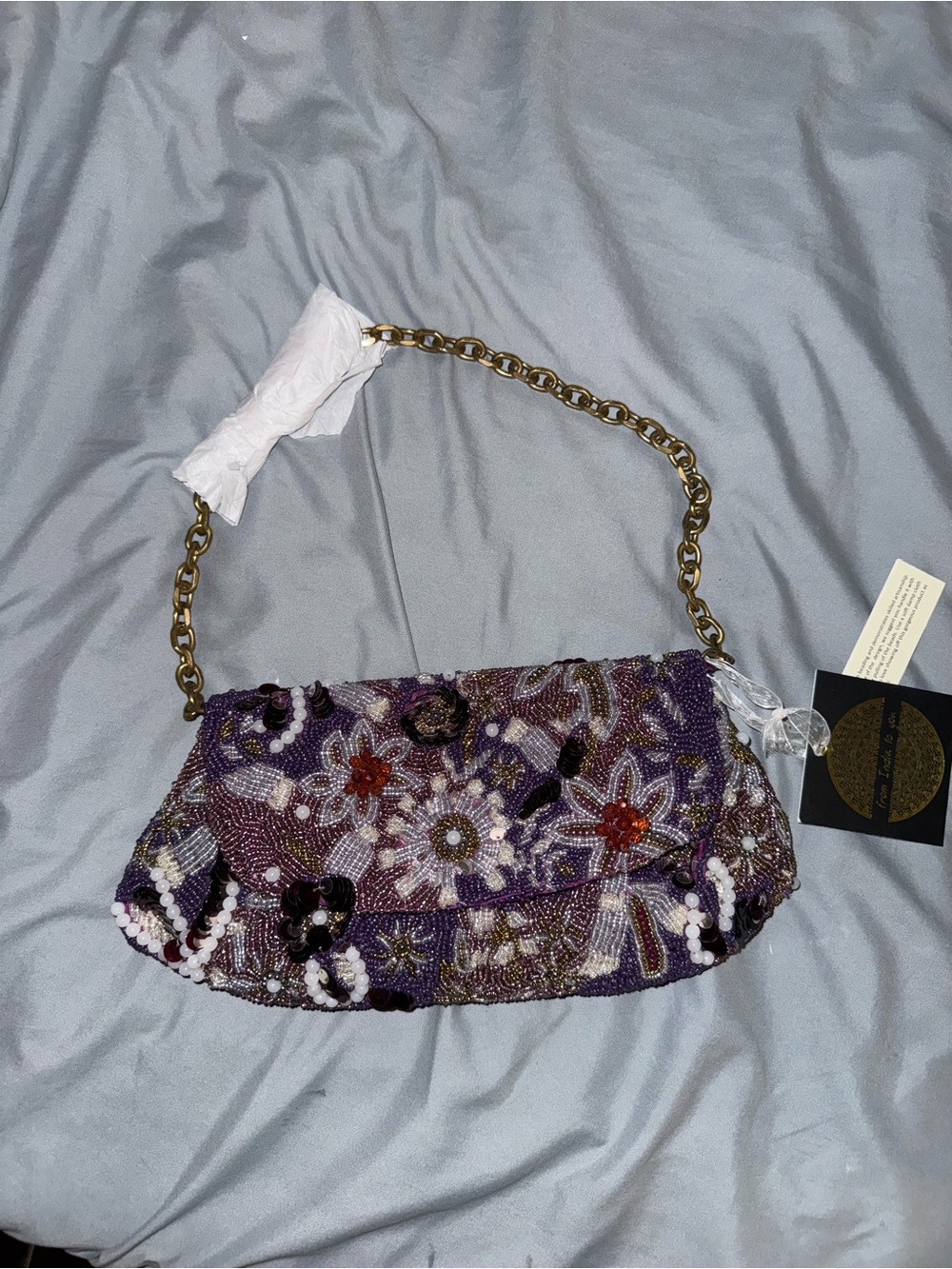 Purple Beaded Floral Shoulder Bag Handmade in India New with Tags